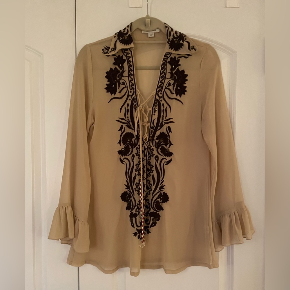 Boston Proper Blouse Boho Sheer Embroidered Beaded